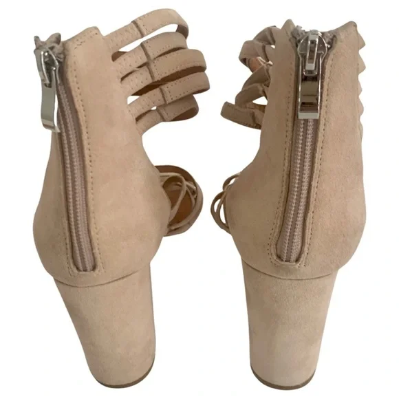 HALOGEN Block Heel Suede Zip Up Strappy Sandals Blush Tan Beige Summer Party - Picture 7 of 15